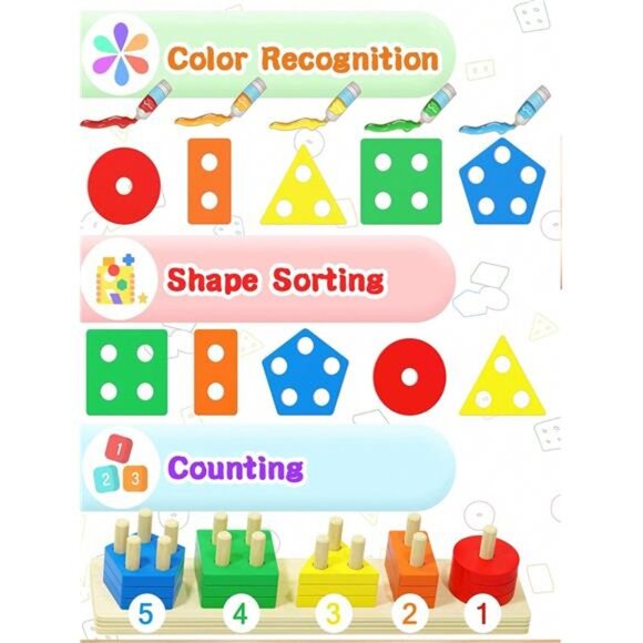 Wooden Geometric Shape Puzzles Blocks, Montessori Early Education Learning Toys - Picture 6 of 9